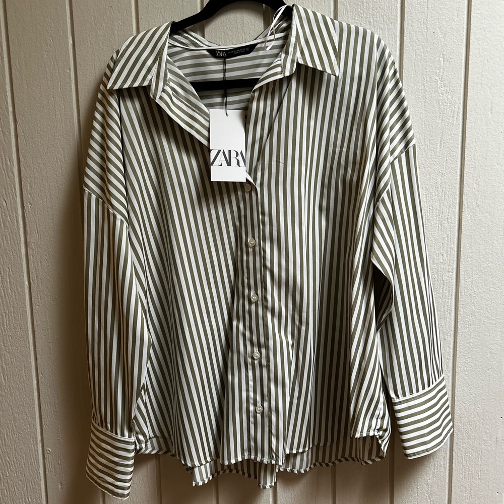 Zara Olive and White Striped Buttondown Shirt